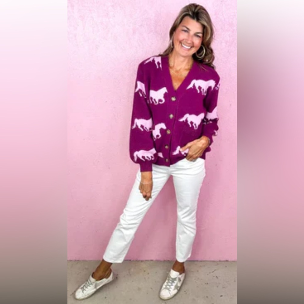 NWT JODIFL Women's Pink purple Horse Pattern button Sweater Cardigan size L 🐎 - Picture 2 of 6